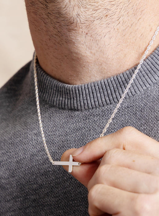 Sideways Sterling Silver Men's Cross Pendant Necklace on 2mm Sterling Silver Rope Chain - Catholic Jewelry Gifts for Men, Son, Husband, BFF WE ARE ALL SMITH