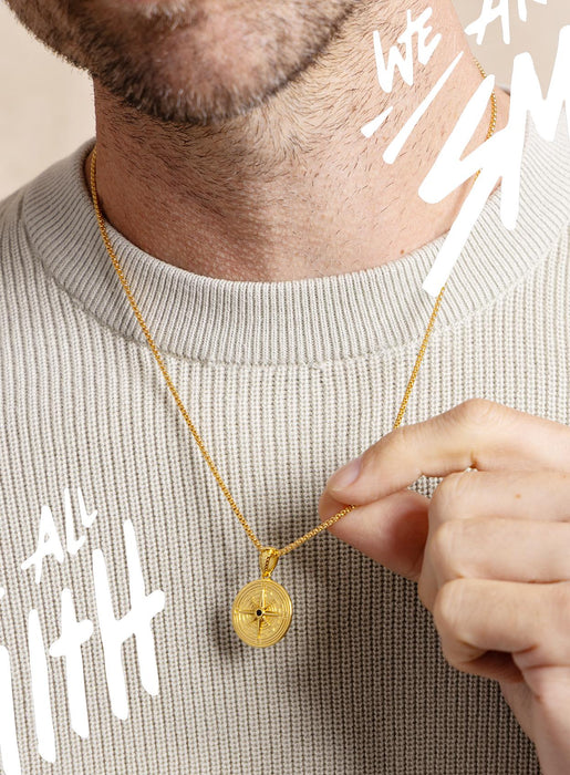 Vermeil Gold Compass Necklace - Black Moissanite Gem - 14k Gold Filled Box Chain - Gold Jewelry Gifts for men, boyfriend, son, graduation WE ARE ALL SMITH