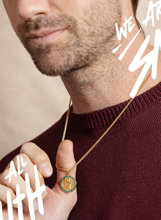 Men's Necklace Gold Saint Christopher Round Medal - 14k Gold Filled chain w/ Vermeil Gold Green enamel pendant / Father's Day Gifts for him WE ARE ALL SMITH
