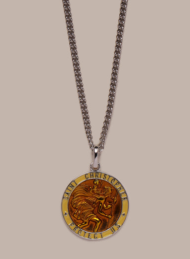Sterling Silver Yellow/Saffron Enamel Saint Christopher Medal Necklace for Men Necklace WE ARE ALL SMITH: Men's Jewelry & Clothing.