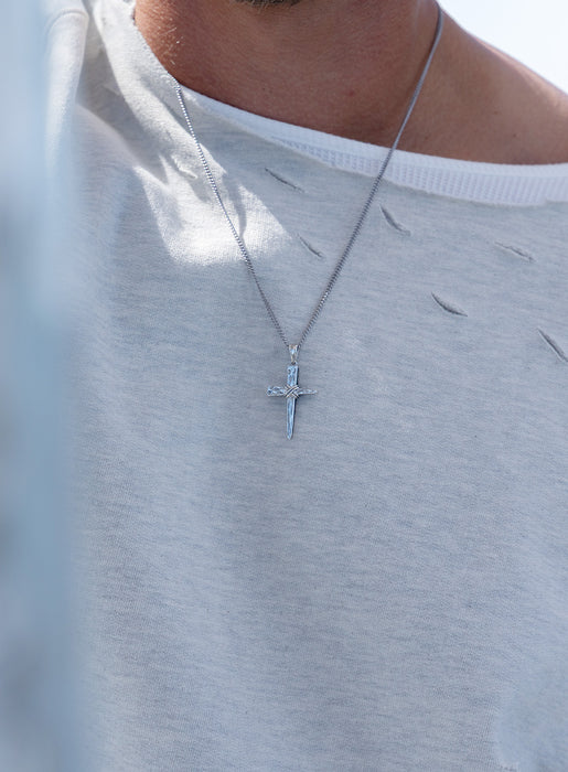 Oxidized Sterling Silver Nail Cross Pendant Necklace for Men
