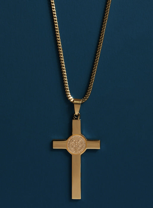 Large St. Benedict Gold Cross Necklace Jewelry WE ARE ALL SMITH: Men's Jewelry & Clothing.   