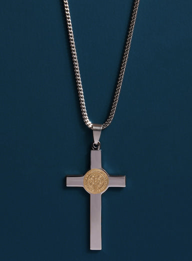 Large St. Benedict Gold and Silver Cross Necklace Jewelry WE ARE ALL SMITH: Men's Jewelry & Clothing.   