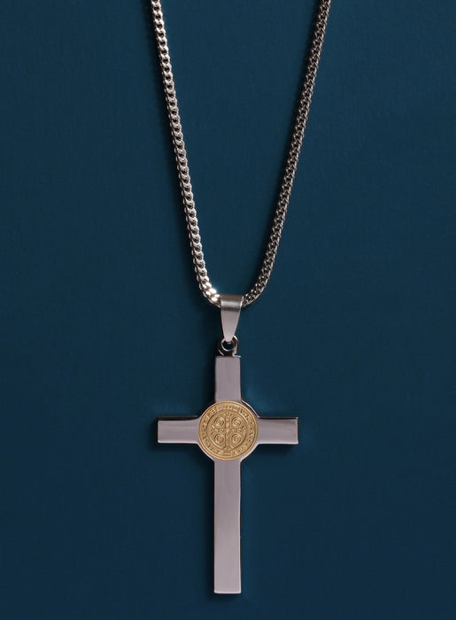 Large St. Benedict Gold and Silver Cross Necklace Jewelry WE ARE ALL SMITH: Men's Jewelry & Clothing.   