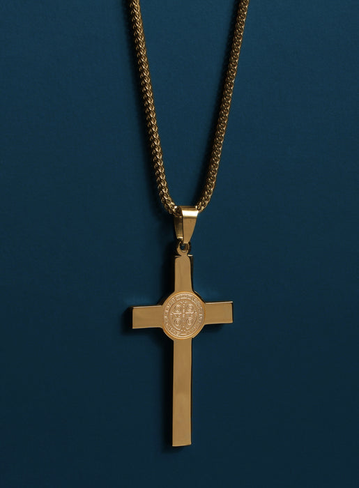 Large St. Benedict Gold Cross Necklace Jewelry WE ARE ALL SMITH: Men's Jewelry & Clothing.   