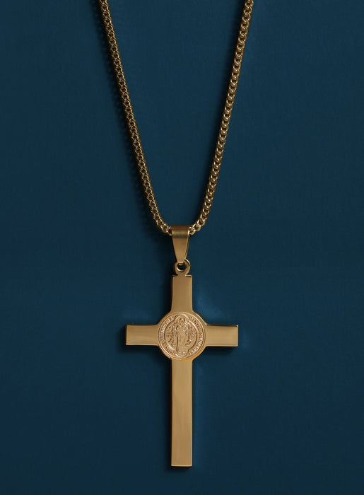 Large St. Benedict Gold Cross Necklace Jewelry WE ARE ALL SMITH: Men's Jewelry & Clothing.   