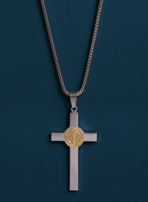 Large St. Benedict Gold and Silver Cross Necklace Jewelry WE ARE ALL SMITH: Men's Jewelry & Clothing.   