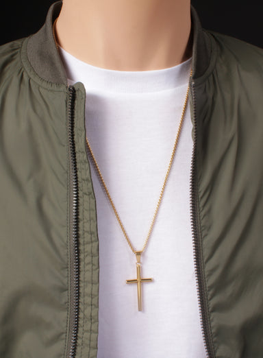 Large Gold Plated Stainless Steel "Bamboo" Cross Men's Necklace Necklaces WE ARE ALL SMITH   