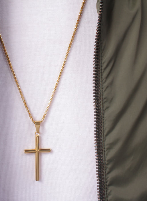 Large Gold Plated Stainless Steel "Bamboo" Cross Men's Necklace Necklaces WE ARE ALL SMITH   