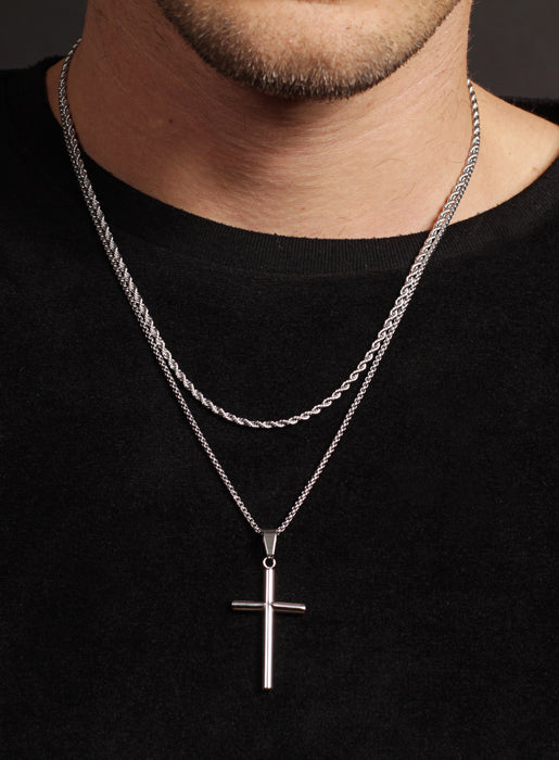 Necklace Set: Silver Rope Chain and Silver Bamboo Cross Necklace Necklaces WE ARE ALL SMITH: Men's Jewelry & Clothing.   