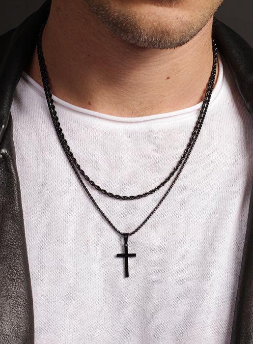 Stainless Steel Small Cross Necklace Black String