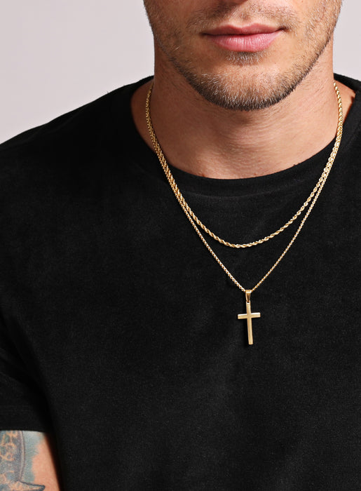 Necklace Set: Gold Rope Chain and Large Gold Cross