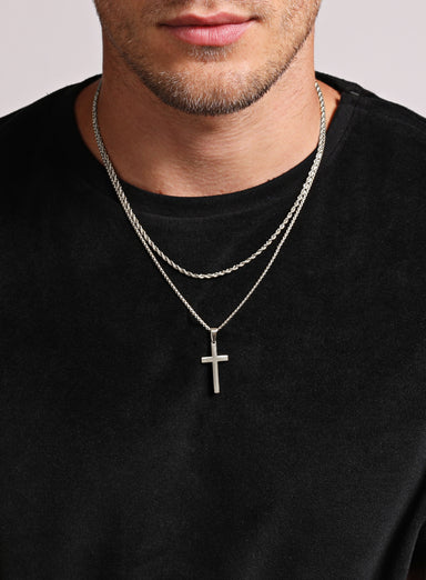 Necklace Set: Silver Rope Chain and Large Silver Cross Necklaces WE ARE ALL SMITH: Men's Jewelry & Clothing.   