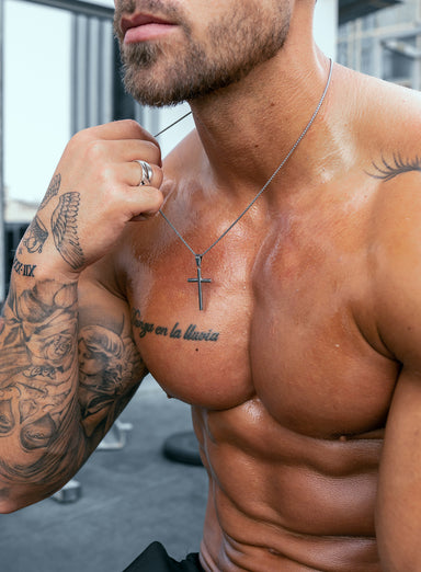 Sweatproof + Waterproof Large Mens Silver Cross (Bamboo Style) Necklaces WE ARE ALL SMITH: Men's Jewelry & Clothing.   