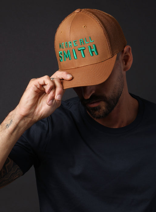 We Are All Smith Caramel + Green Mesh back trucker cap  WE ARE ALL SMITH: Men's Jewelry & Clothing.   