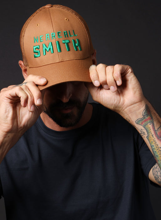 We Are All Smith Caramel + Green Mesh back trucker cap  WE ARE ALL SMITH: Men's Jewelry & Clothing.   