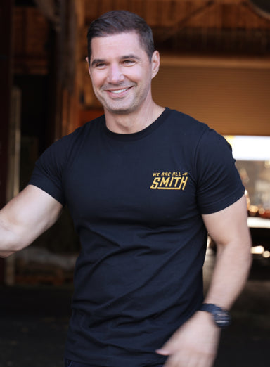 Gold We Are All Smith Embroidered Logo Black Unisex t-shirt  WE ARE ALL SMITH: Men's Jewelry & Clothing.   