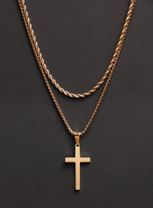 Necklace Set: Gold Rope Chain and Large Gold Cross — WE ARE ALL SMITH