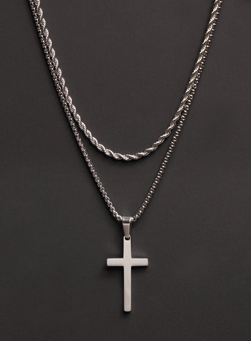 Necklace Set: Silver Rope Chain and Large Silver Cross — WE ARE ALL SMITH