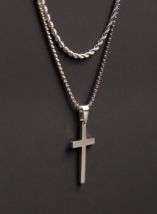 Necklace Set: Silver Rope Chain and Large Silver Cross Necklaces WE ARE ALL SMITH: Men's Jewelry & Clothing.   