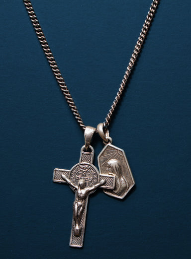 Sterling Silver Cross + Mary Medal Necklace for Men. Necklaces WE ARE ALL SMITH   