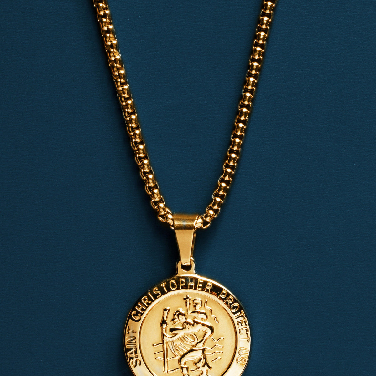 14k gold plated saint Christopher medal on round box chain WE
