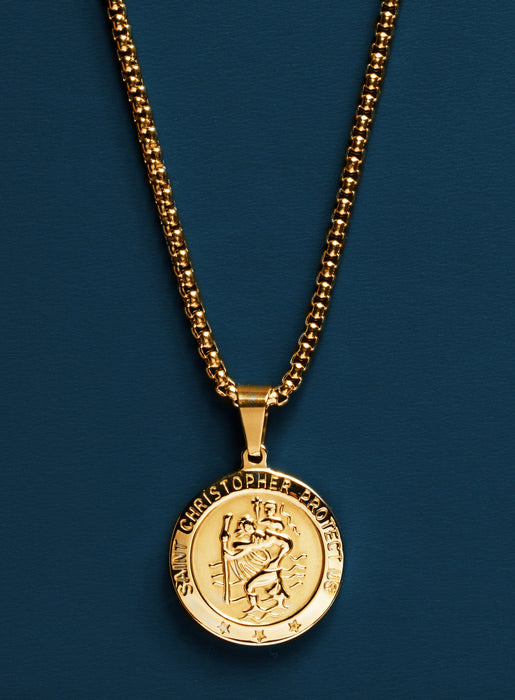 14k gold plated saint Christopher medal on round box chain Necklaces WE ARE ALL SMITH: Men's Jewelry & Clothing.   