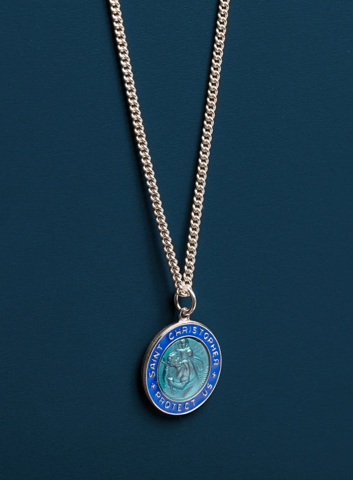 Blue enamel Sterling Silver Saint Christopher Medal Necklaces WE ARE ALL SMITH: Men's Jewelry & Clothing.   