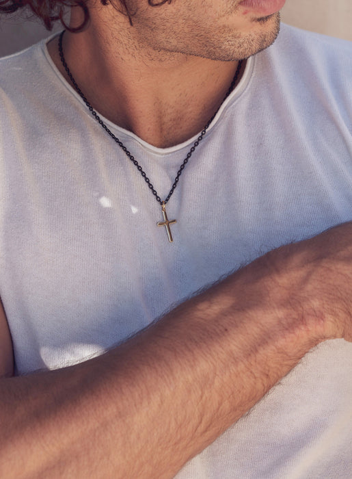 Gold Vermeil Cross on Black Titanium Cable Chain Necklace Necklaces WE ARE ALL SMITH: Men's Jewelry & Clothing.   