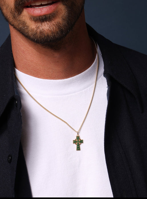 Gold Celtic Cross with Green enamel Necklace Necklaces WE ARE ALL SMITH: Men's Jewelry & Clothing.   