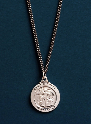 Saint Michael Sterling Silver Medal on Oxidized Sterling Curb Chain Necklace WE ARE ALL SMITH: Men's Jewelry & Clothing.   