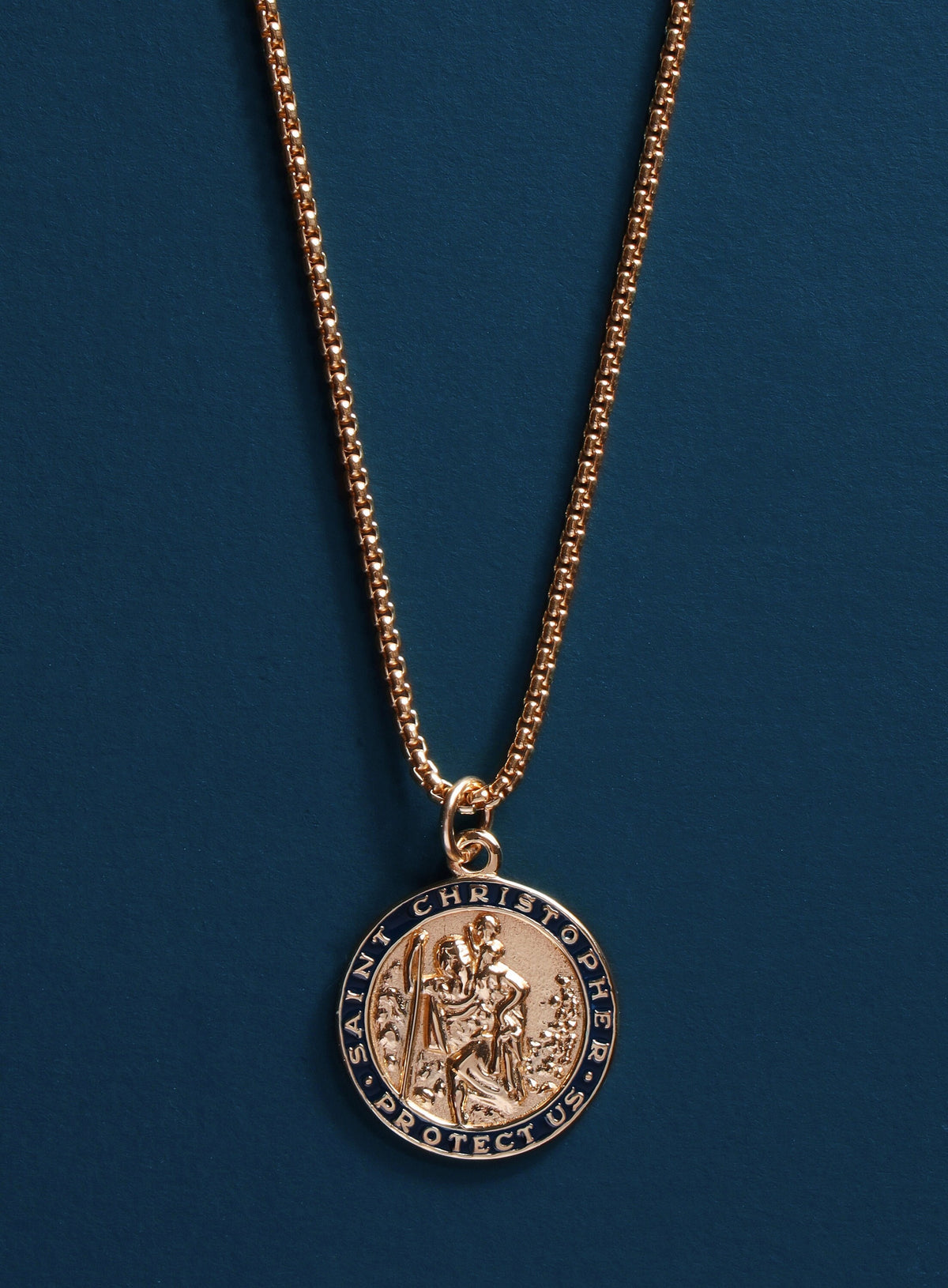 Gold Saint Christopher Round Medal w/ dark navy enamel — WE