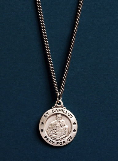 Saint Camillus Round Medal in Oxidized Sterling Silver for Men Necklace WE ARE ALL SMITH: Men's Jewelry & Clothing.   