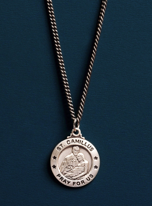Saint Camillus Round Medal in Oxidized Sterling Silver for Men Necklace WE ARE ALL SMITH: Men's Jewelry & Clothing.   