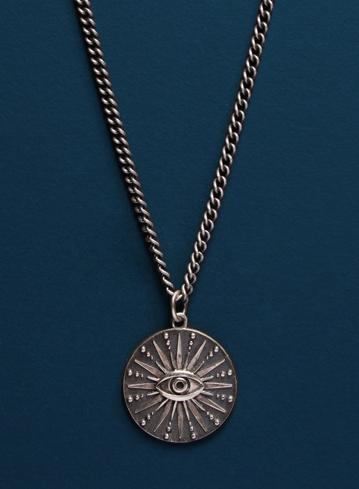 All Seeing Eye Sterling Silver Pendant on oxidized sterling chain