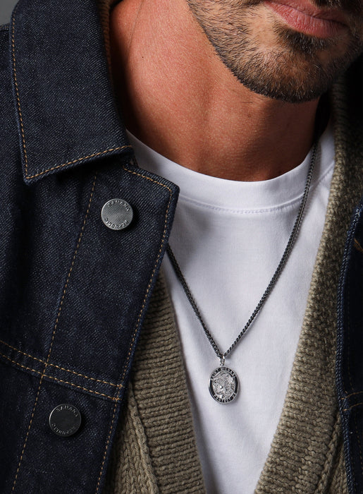 Saint Michael Sterling Silver Medallion on Black Titanium Chain Necklaces WE ARE ALL SMITH: Men's Jewelry & Clothing.   