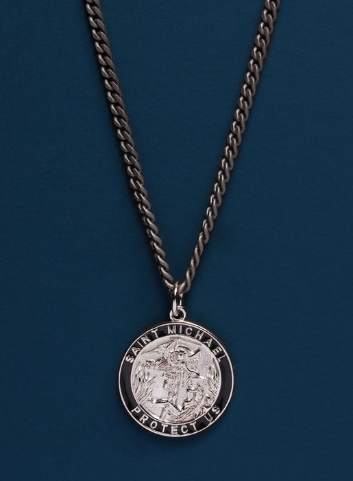Saint Michael Sterling Silver Medallion on Black Titanium Chain Necklaces WE ARE ALL SMITH: Men's Jewelry & Clothing.   