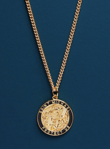 Saint Michael Protection Angel Round Vermeil Gold Pendant for Men Necklaces WE ARE ALL SMITH: Men's Jewelry & Clothing.   