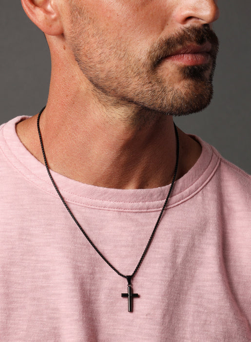 Stainless Steel Small Cross Necklace Black String