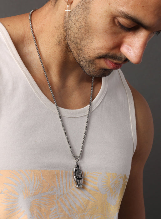 Silver Buddha head on hand 316L Stainless Steel Chain Necklaces WE ARE ALL SMITH: Men's Jewelry & Clothing.   