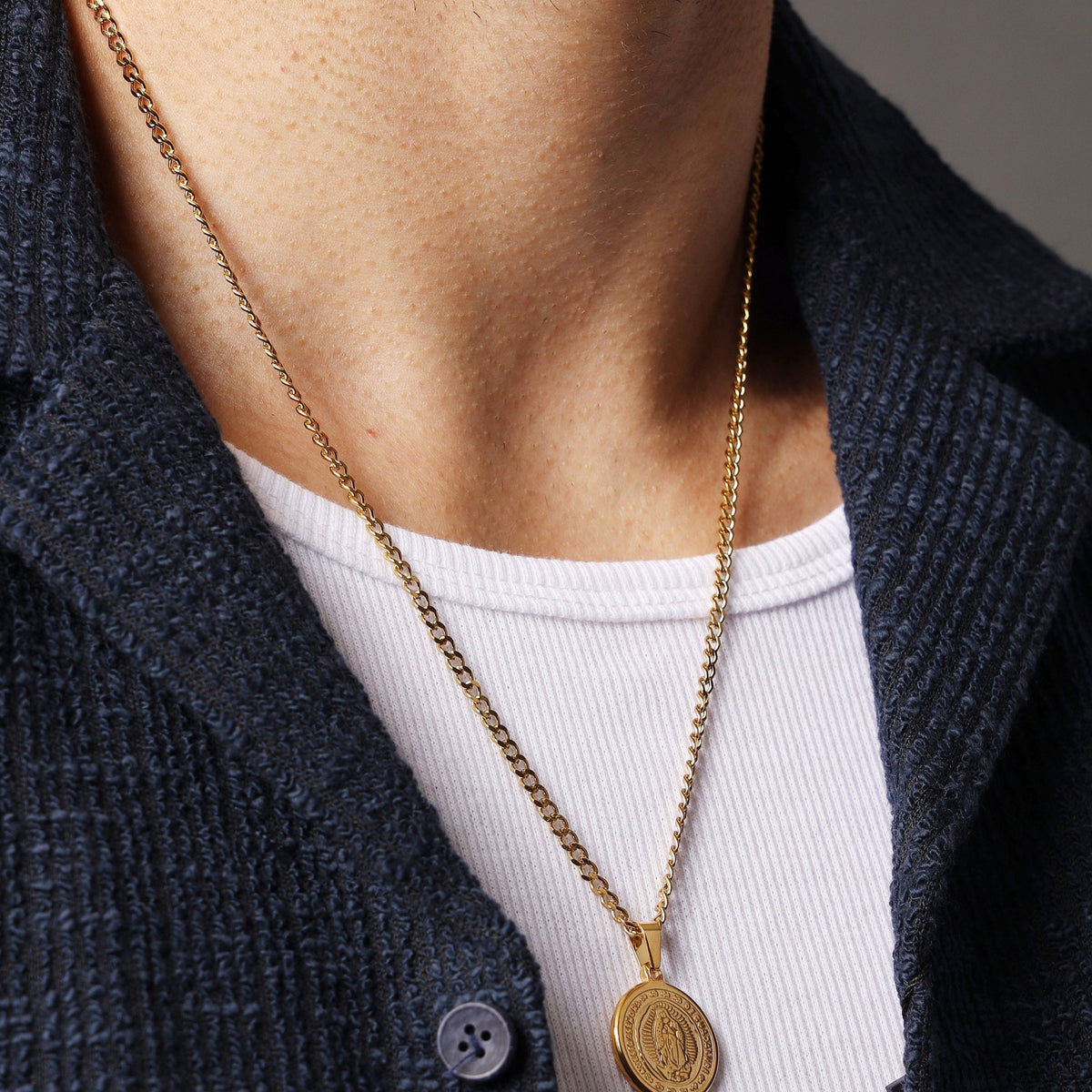 Men's 18k Gold Plated Oval Guadalupe Pendant On 24" Cuban Link Chain