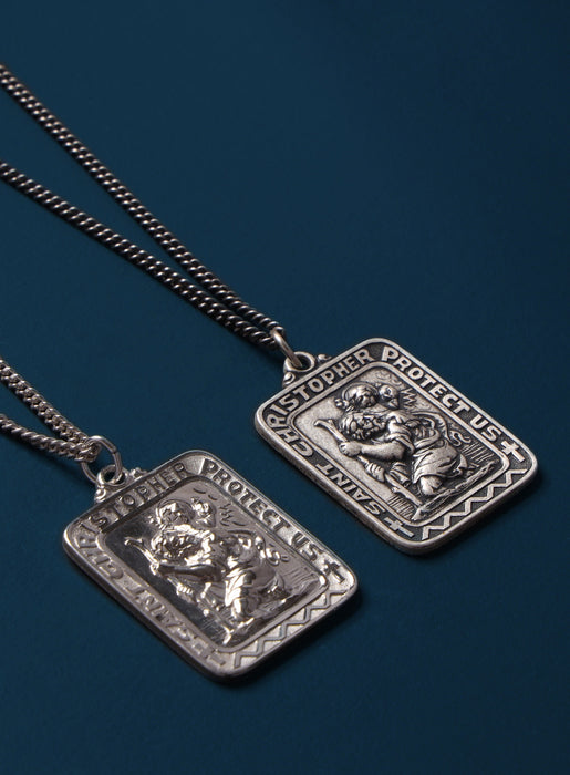 Saint Christopher Large Rectangular Medal Necklace for Men