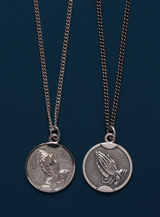 Praying Hands Round Sterling Silver Medal Necklace Jewelry WE ARE ALL SMITH   