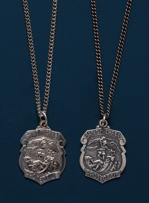 Sterling Silver Saint Michael Shield Shape Pendant Necklace for Men