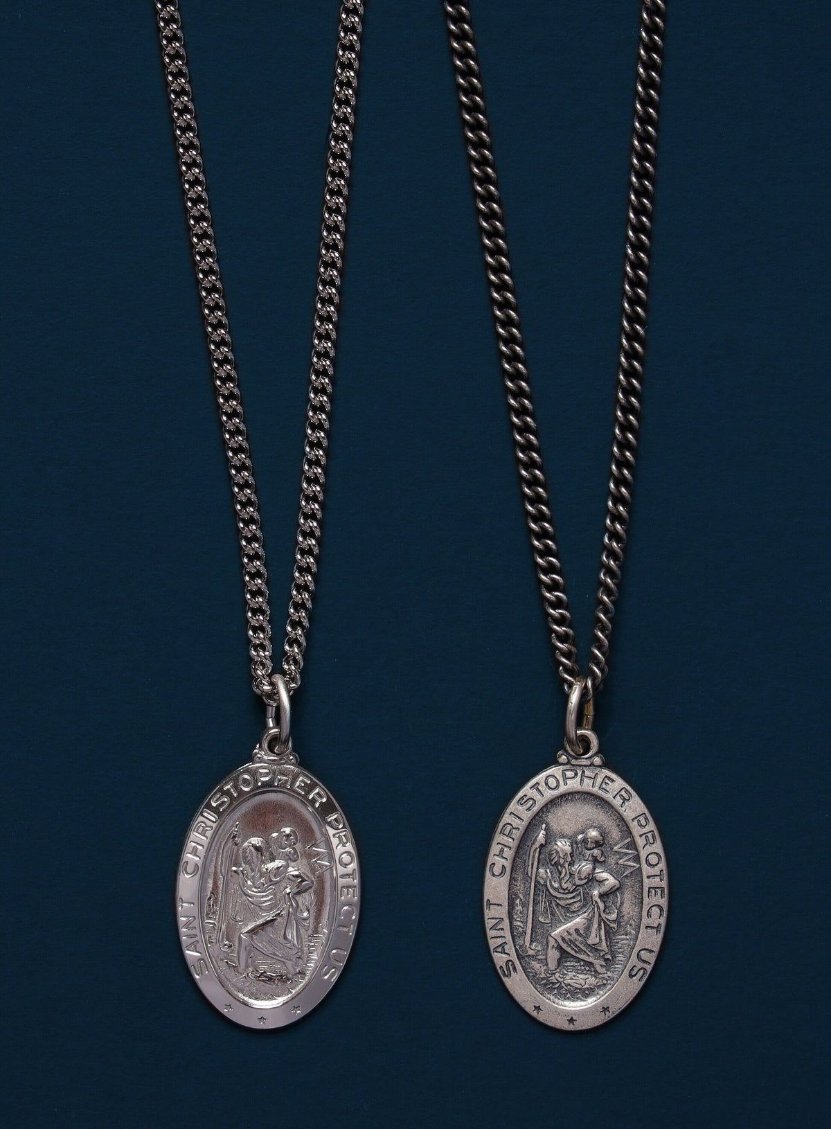 Blue Oval Saint Christopher Protect Us Words Pendant In 925